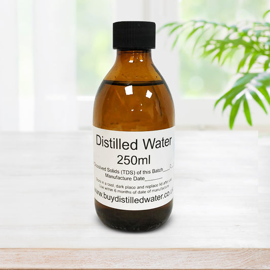 250ml Distilled Water in Amber Glass Bottle